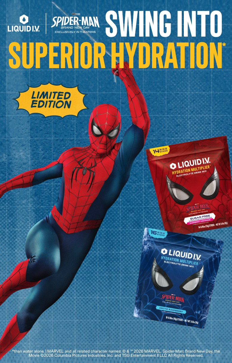 A promotional web banner for the Liquid I.V. x Spider-Man co-branded launch.
